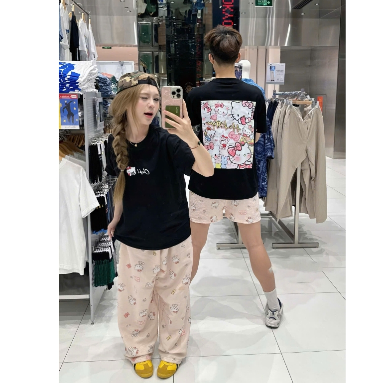 Big Boxy Local Brand UME เสื้อยืดหลวมแขนสั้นผ้าฝ้ายรอบคอผู้ชายผู้หญิงการ์ตูน "HELLO KITTY CAT "