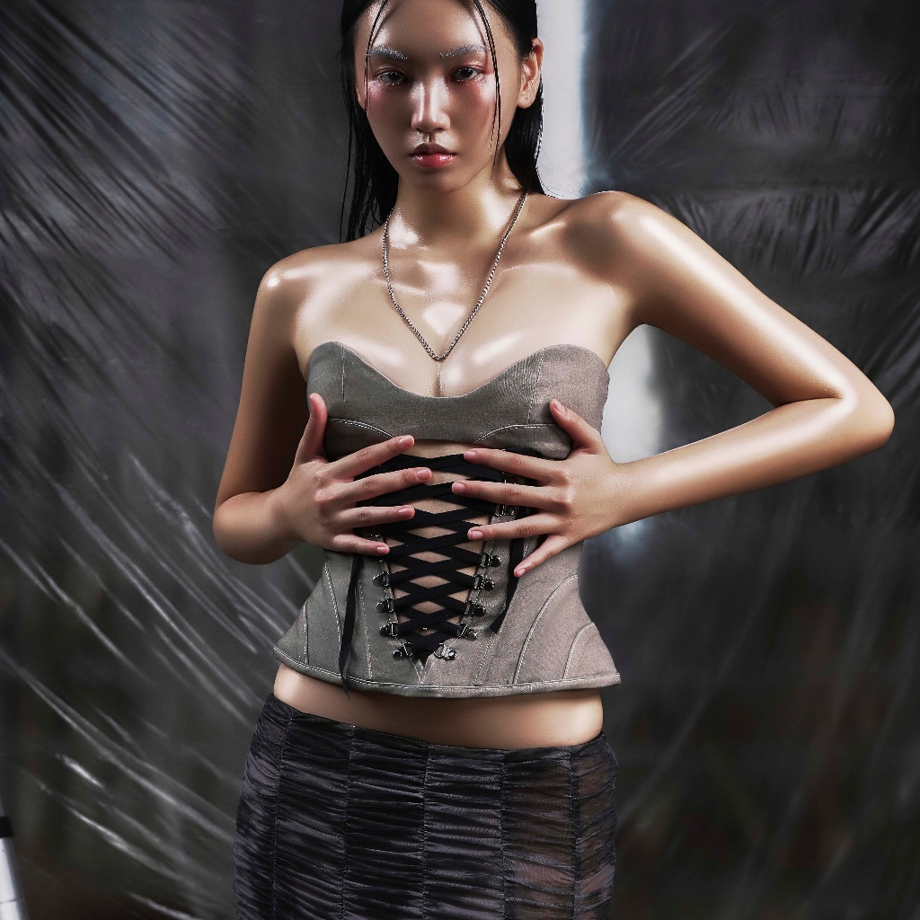 TATICHU - NONE Grey Lace Up Corset - กางเกงยีนส์รัดตัวหน้าอกรัดรูป