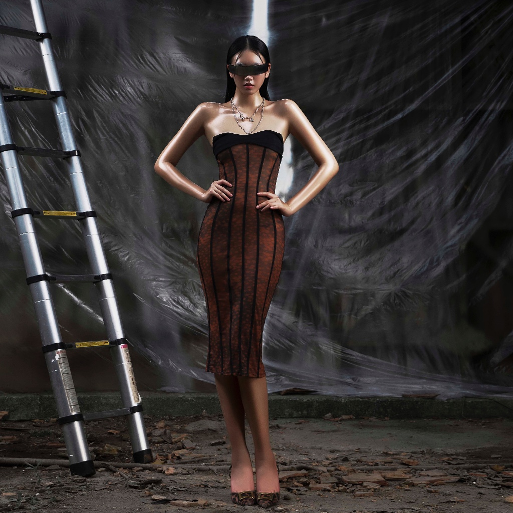 TATICHU - NONE Midi Mesh Dress - ชุดเดรสตาข่ายรัดรูปยืดซีทรู