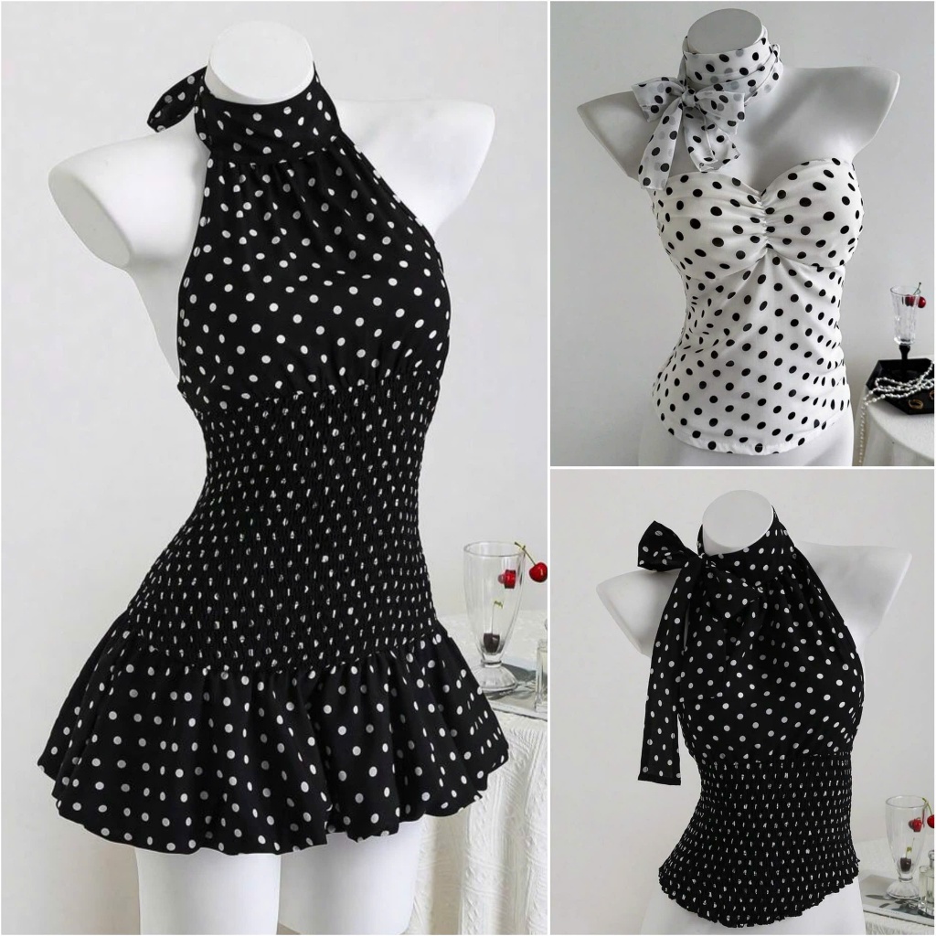 CAMIN TOP DRESS - เสื้อครอปลายจุดบุคลิกภาพ Y2K และ DRESS