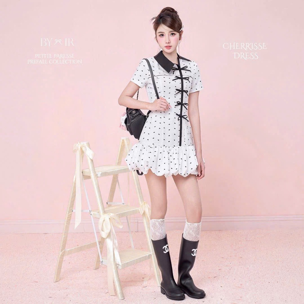 เดรสสั้นลายจุดสตรีผ้าไหมและโบว์ผู้หญิงสวยใส่ทํางานหรือออกงาน Ht881