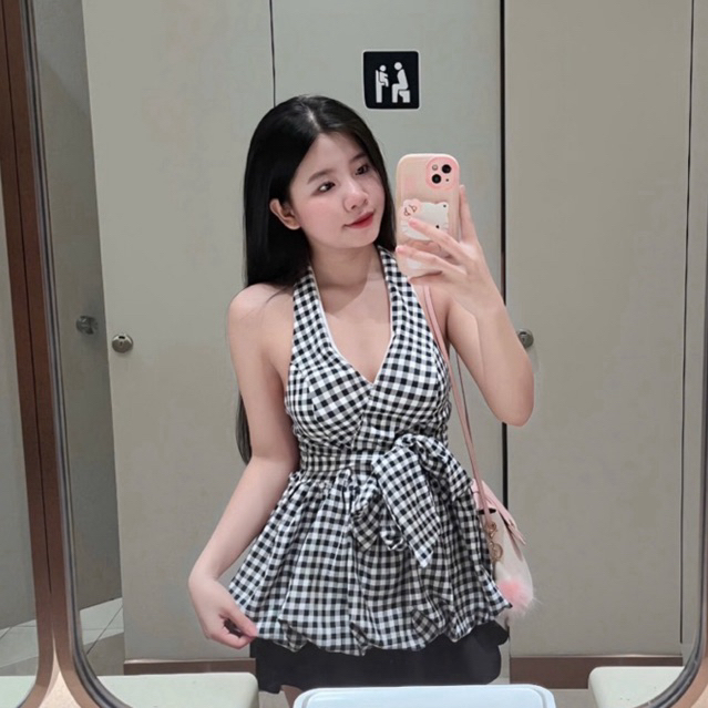 เสื้อชั้นในสตรีลายตารางหมากรุกสไตล์เกาหลีสําหรับผู้หญิงพร้อมผูกโบว์ที่เอว (ภาพและวิดีโอจริงที่ปลาย)