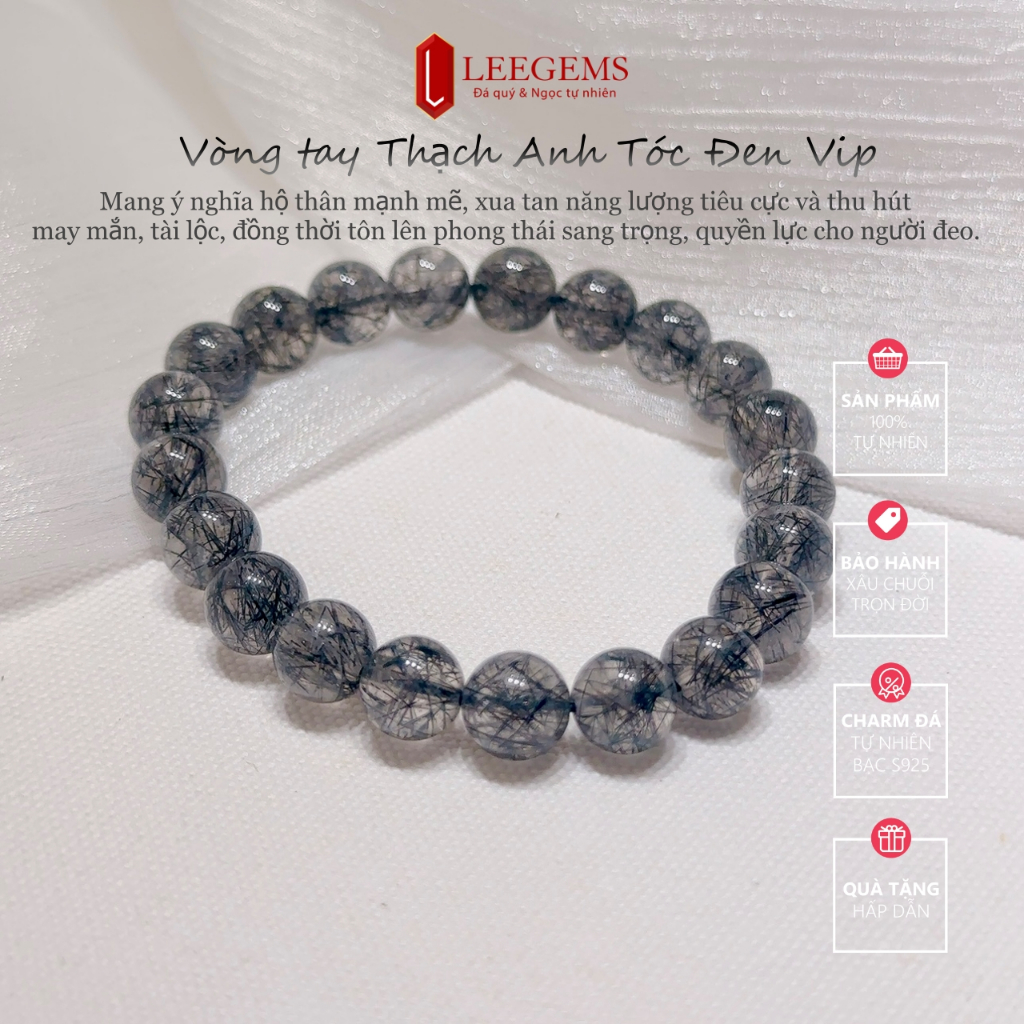 [ Vip ] สร้อยข้อมือ Vip 9 มม. Black Rutilated Quartz สําหรับผู้หญิงพร้อมองค์ประกอบน้ํา Wood I Leegem