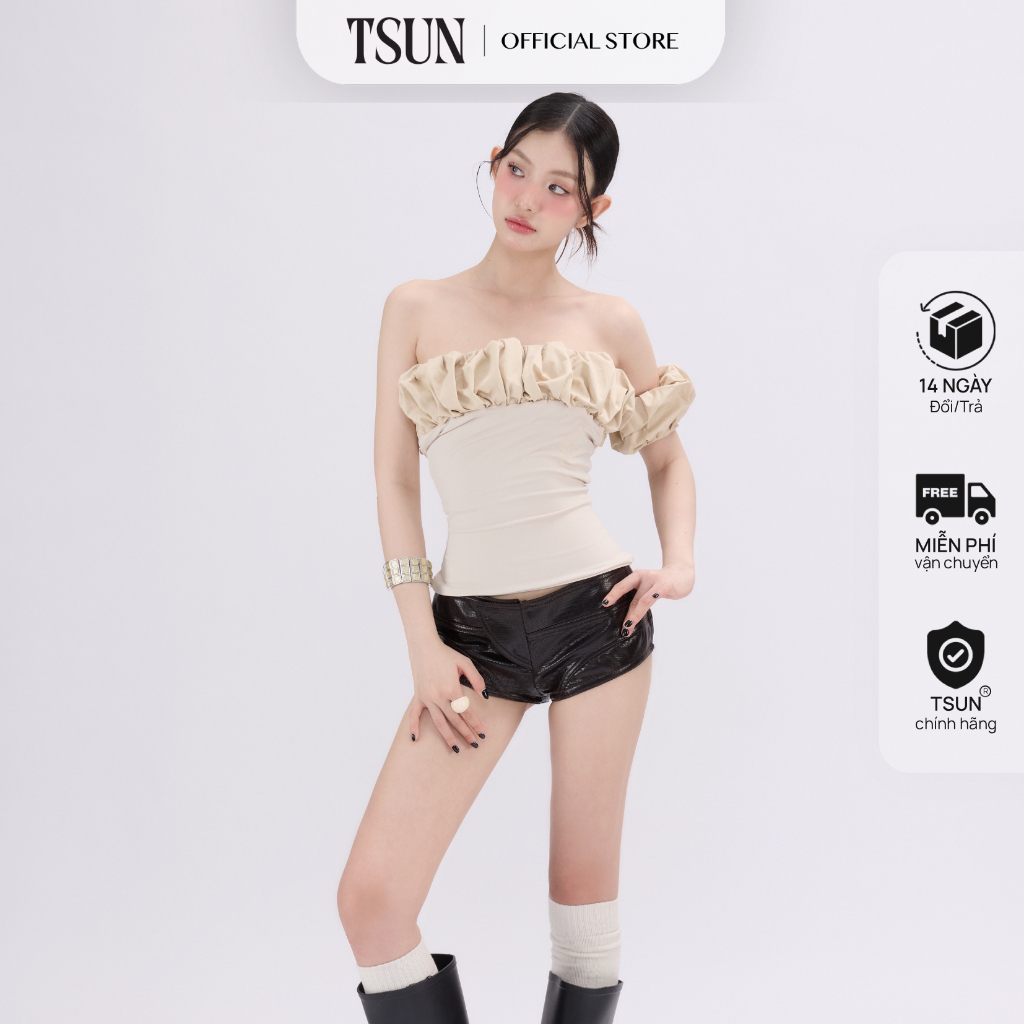 TSUN - Layla Top เสื้อเกาะอกผู้หญิงพร้อม Ruffles Bodycon Beige Y2K บุคลิกภาพเซ็กซี่