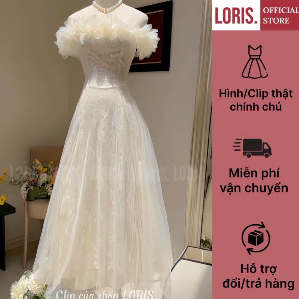LORIS - Dasha Dress เดรสลูกไม้สีขาวปาดไหล่