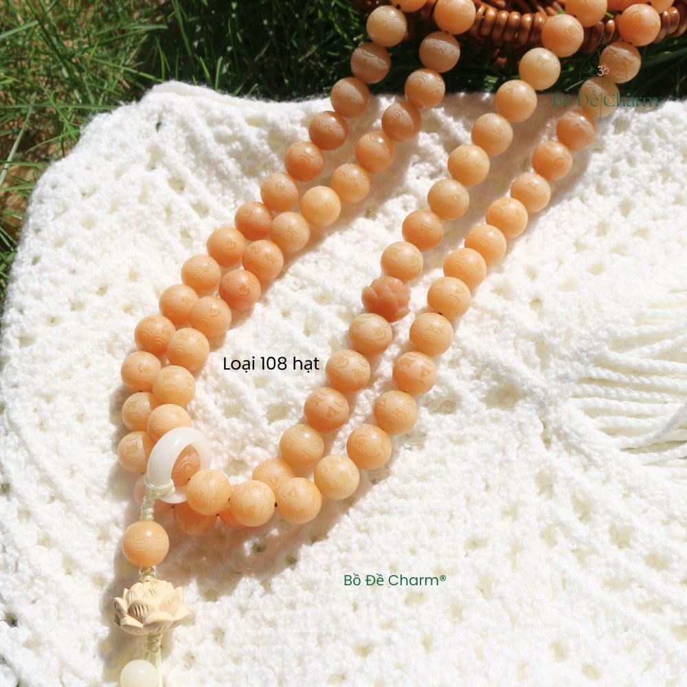 ลูกปัดโพธิ์สีน้ําตาลครีม 11 มม. สลักด้วย Luc Tu Moc Lien 54 เม็ด 108 เม็ด | เสน่ห์โพธิ์ | อุปกรณ์เสร
