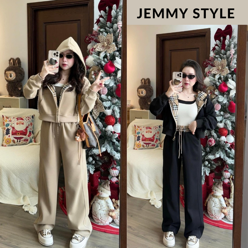 ชุดผ้าฟลีซผู้หญิงชุดฤดูใบไม้ร่วง-ฤดูหนาวของผู้หญิงเสื้อแจ็คเก็ตมีฮู้ดลาย บีบีอาร์ ผสมกางเกงขาตรง 3 สีพื้นฐาน เจมมี สไตล์ สาธารณสุข3571