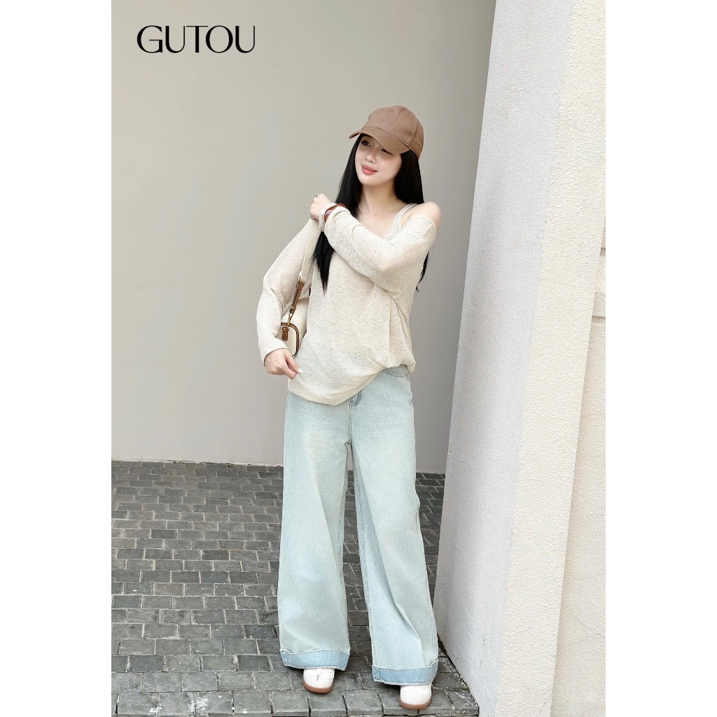 [ GUTOU ] กางเกงยีนส์ Flip-Flop ฟอกสดใส G92