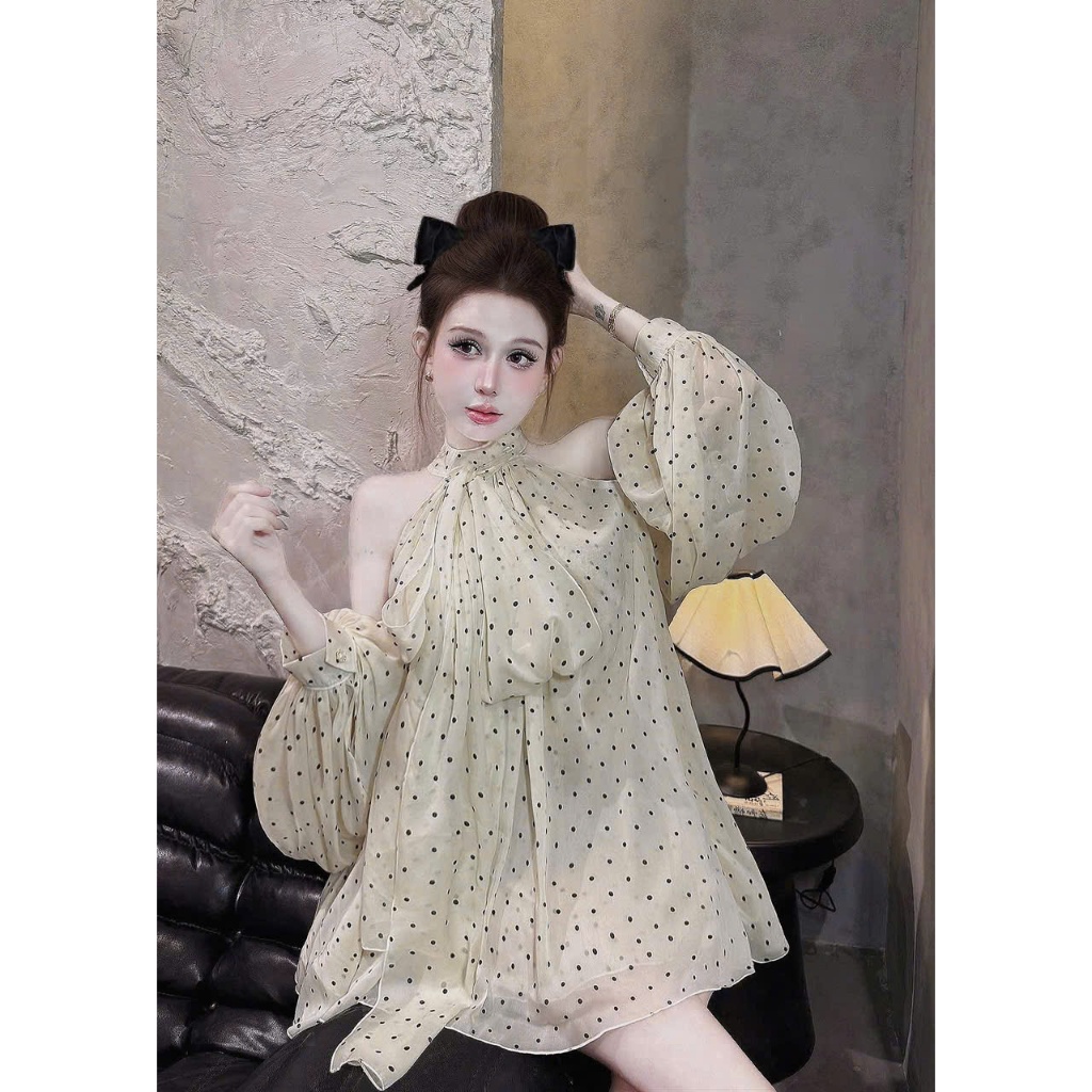 เดรสคล้องคอแขนยาวผู้หญิงผ้าไหมพิมพ์ลายเหมาะสําหรับออกไปคาเฟ่และอินทผลัม Ht886B