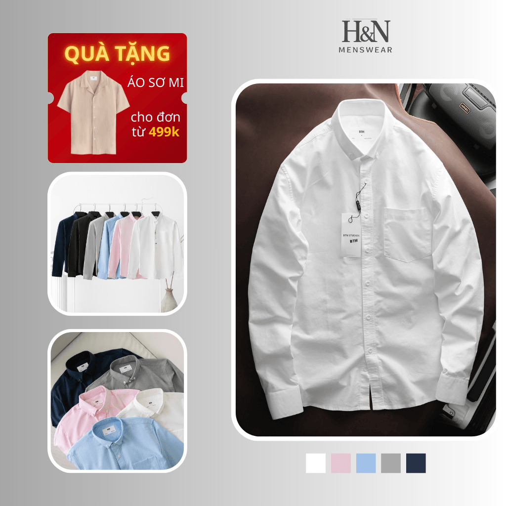 เสื้อเชิ้ตพื้นฐานผ้า Oxford แขนยาวธรรมดาสําหรับผู้ชาย - คอปกกระดุมเข้ารูป - 1.451.8 H&N