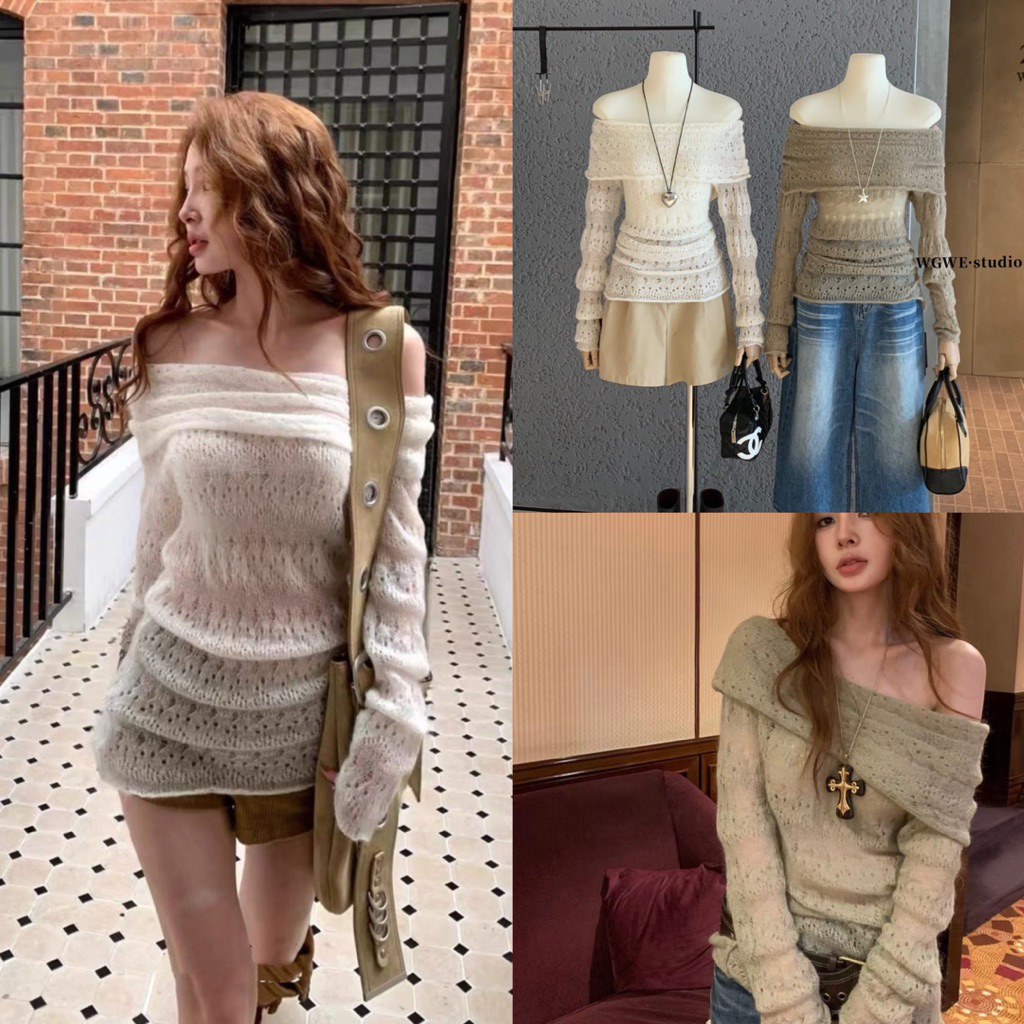 NHY.studio /WGWE/ เสื้อสเวตเตอร์ทอบางเปิดไหล่ 7319