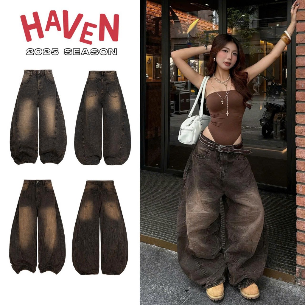 Haven Studio กางเกงยีนส์ขาโค้งสีน้ําตาลพร้อมเอฟเฟกต์ BROKEN ขากว้างย้อนยุคแนวนอนและแนวตั้ง