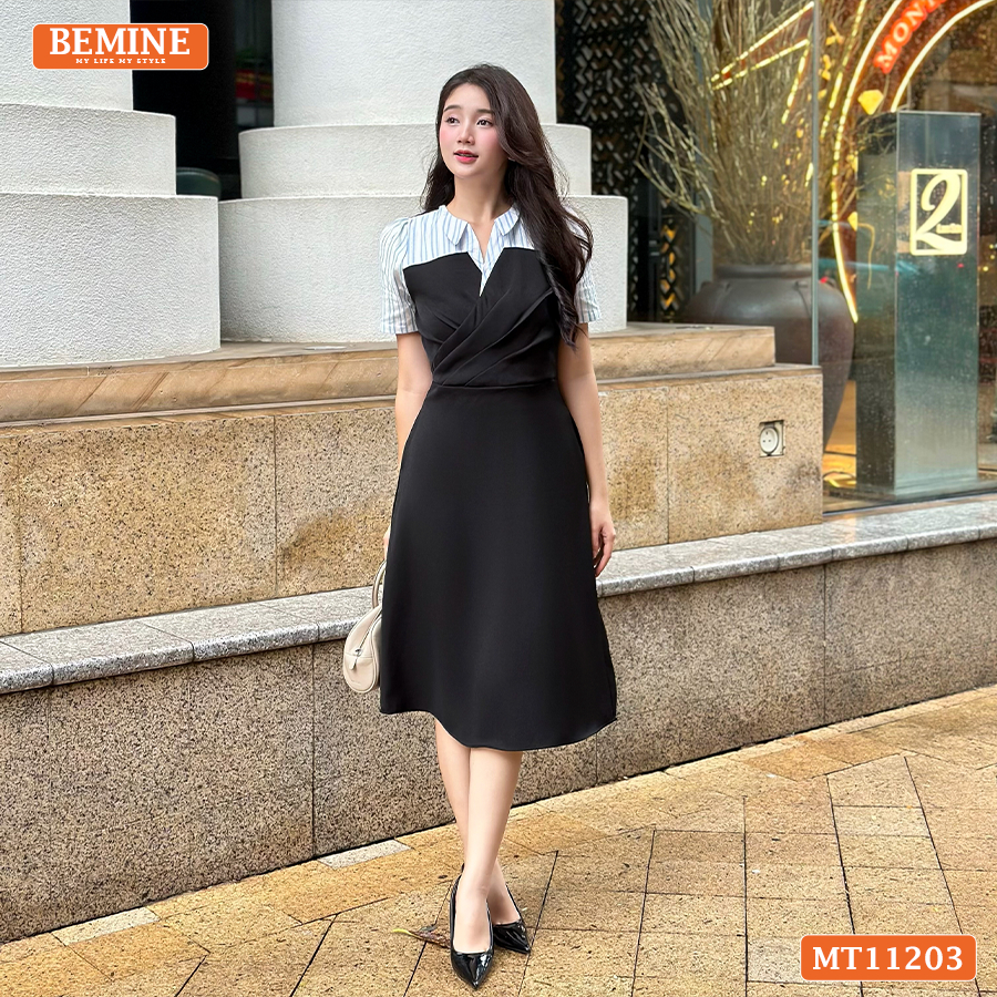 BEMINE ชุดเดรสคอวีจับจีบเหมาะสําหรับทํางาน-MT11203