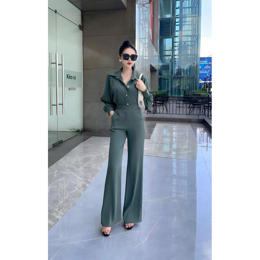 HTB STORE - 3 สี MANGO SET LONG SLEEVES SHIRT COLLAR WIDE-LET PANTS