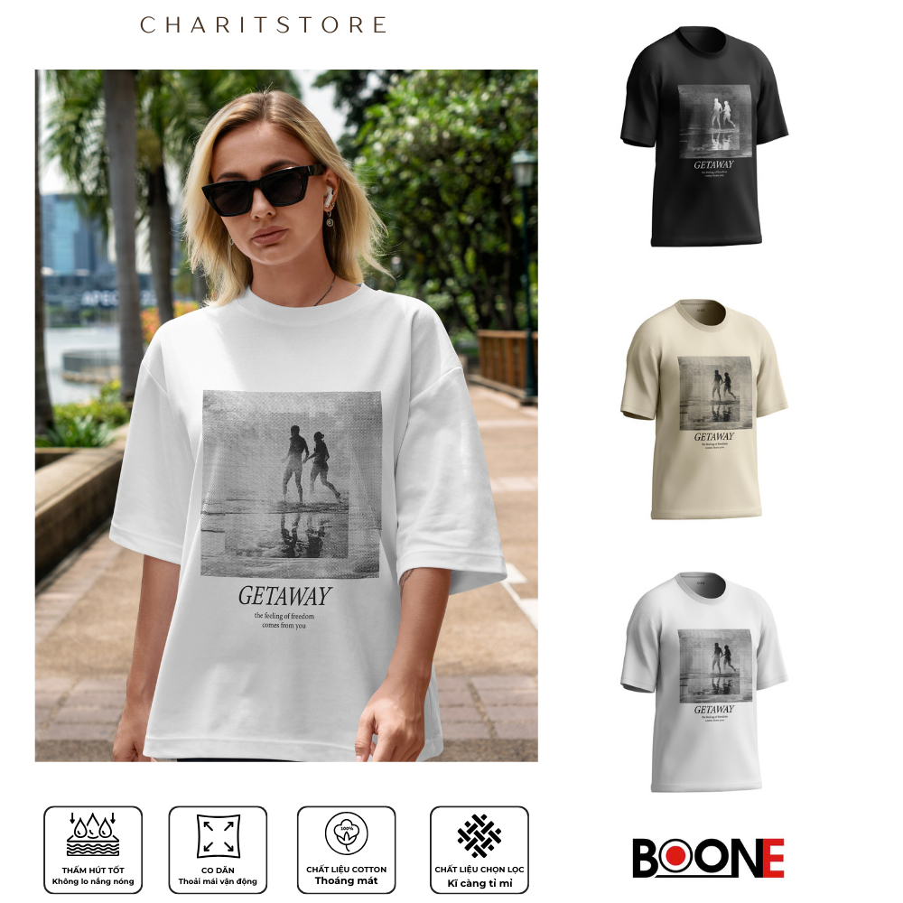 เสื้อยืด Unisex สําหรับผู้ชายและผู้หญิง พิมพ์ลาย GETAWAY ผ้าคอตตอน 100% - BOONE - BNE00121