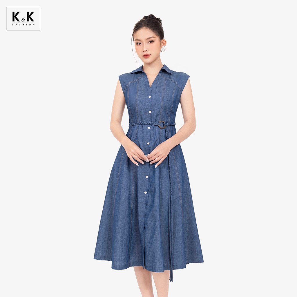 เดรสยีนส์สีน้ําเงินคอปกเชิ้ตทรงเอยาว K&K FASHION KK178-33 วัสดุเดนิม