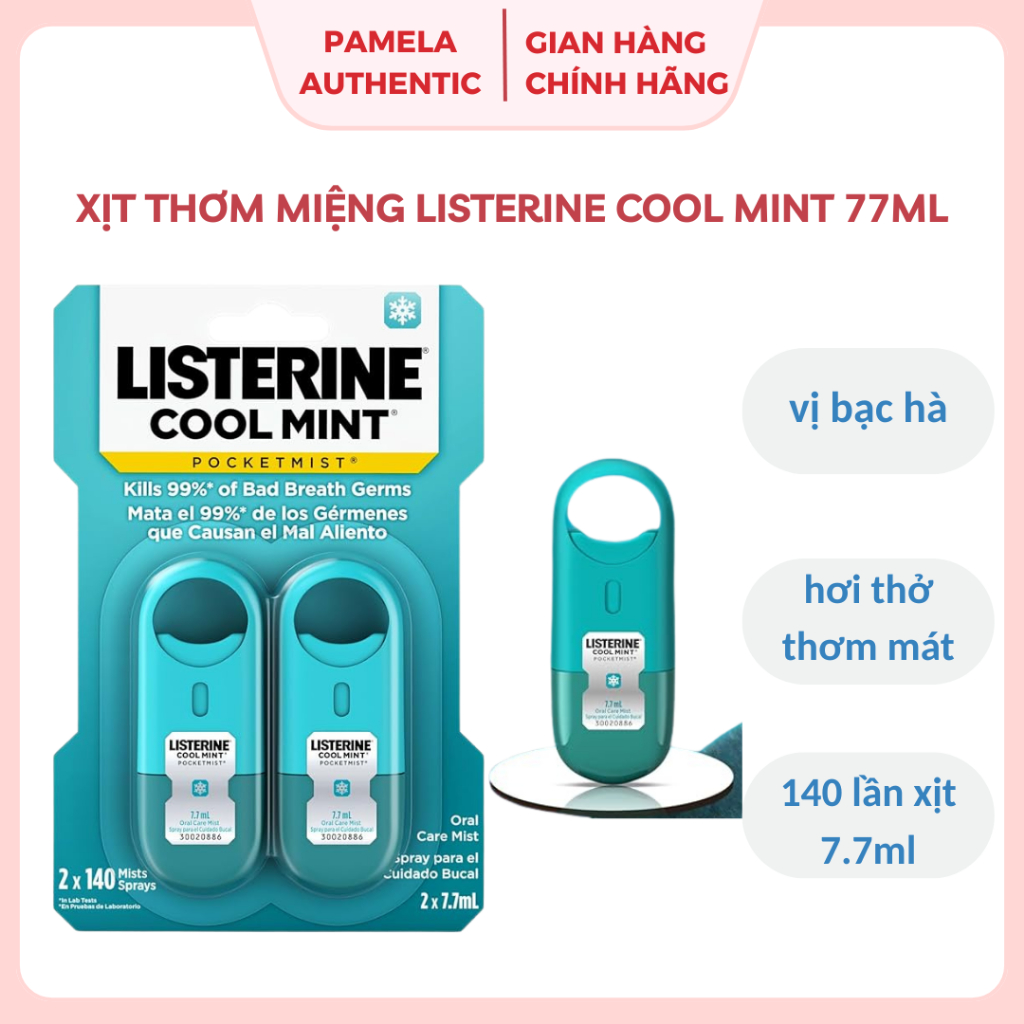 (BILL US - มีขายส่ง) Listerine Cool Mint Pocketmist Mouth Freshener Spray 7.7ml - กลิ่น Cool Mint