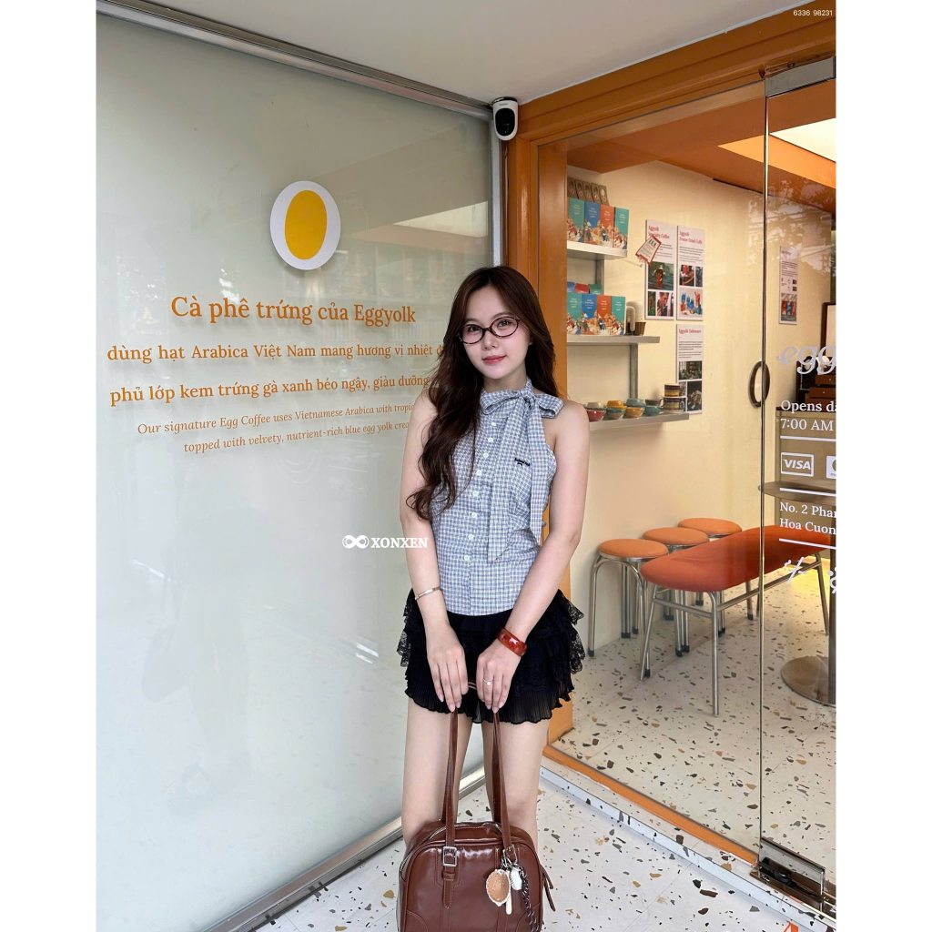 เสื้อเชิ้ตสไตล์ N9.8 WG คล้องคอลายตารางหมากรุกผูกโบว์และกระดุม WEEKEN 6336 XonXen 299PCT