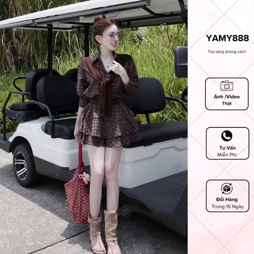 Jumsuit กระโปรงบานลายสก๊อตพร้อมผ้าพันคอสไตล์เกาหลีอ่อนเยาว์ Js0076 - Yanmy888