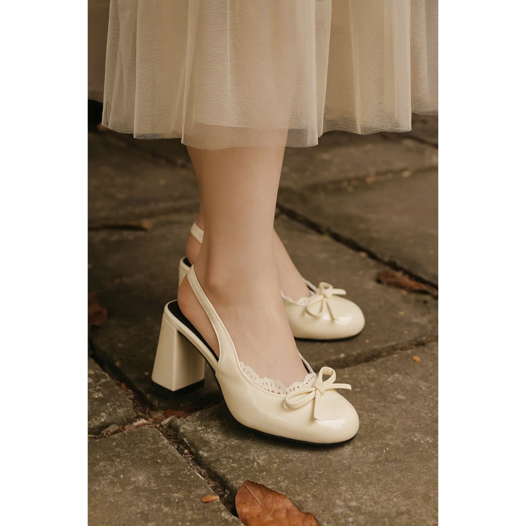 Zinzin868- sd 194 - รองเท้าแตะหัวกลมลูกไม้โบว์สวยส้นสูง 7 ซม. - รองเท้าส้นสูงสายยางยืด - แบบมาตรฐาน