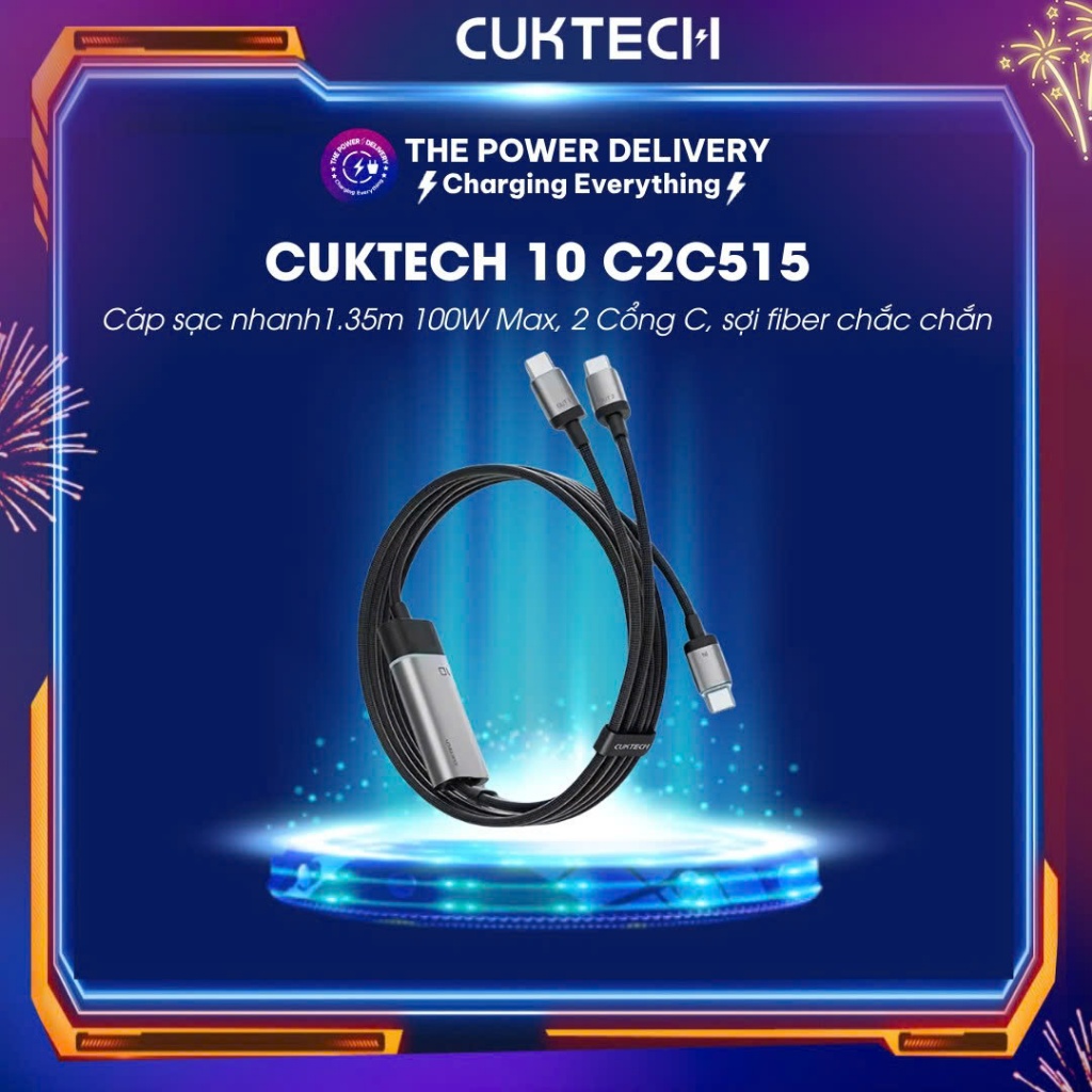 CUKTECH 10 C2C515 สายชาร์จเร็ว ยาว 1.35 ม. ความจุสูงสุด 100W พอร์ต 2 C เส้นใยแข็ง - 18 เดือน