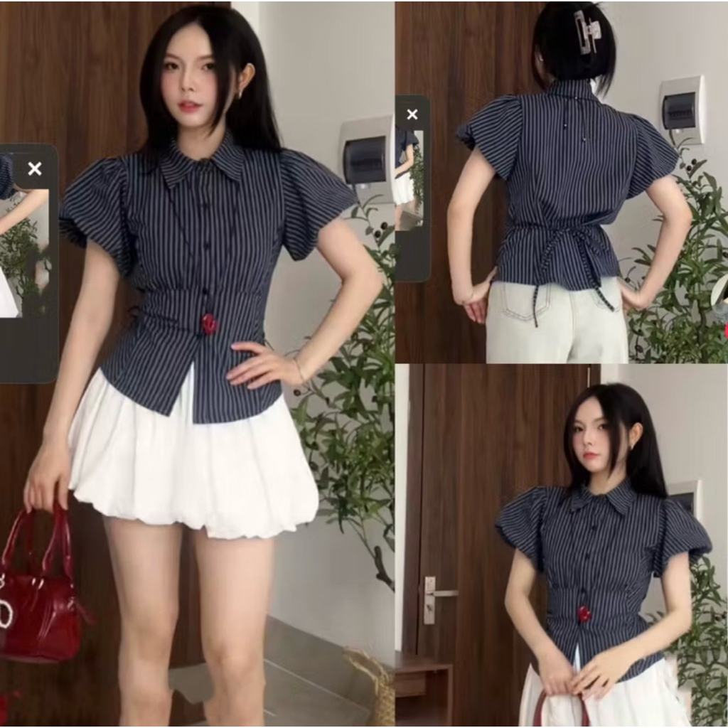 เสื้อเชิ้ตแขนสั้นผู้หญิงคอปกเยอรมันและผูกเอวเสื้อเชิ้ตผู้หญิงลายสก๊อตฤดูร้อนสไตล์เกาหลี สูญเสีย.เก็บ