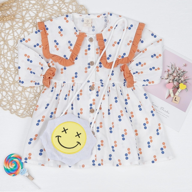 KidsPlaza M22T 1-4Y เดรสยาวคอปกบัวเด็กผู้หญิงแต่งระบายและจุด