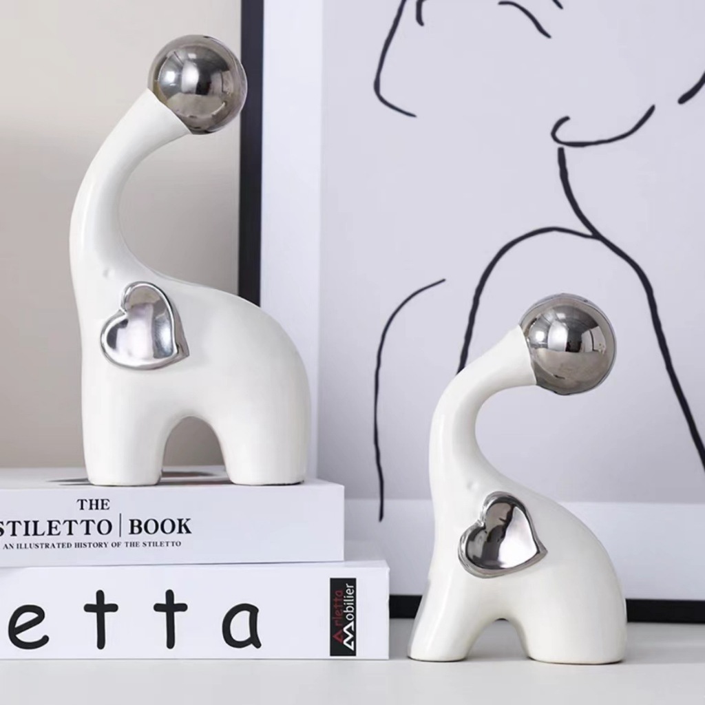 Decor ลูกเล่นช้างคู่ทําจากเงินสีขาวเคลือบวัสดุเซรามิกหมายถึงโชคลาภการตกแต่งภายในภายในบ้าน ฉัน17