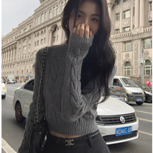 เสื้อครอปแขนยาวสไตล์ยุโรปและอเมริกาหนาเสื้อสเวตเตอร์ฤดูใบไม้ร่วงฤดูหนาว