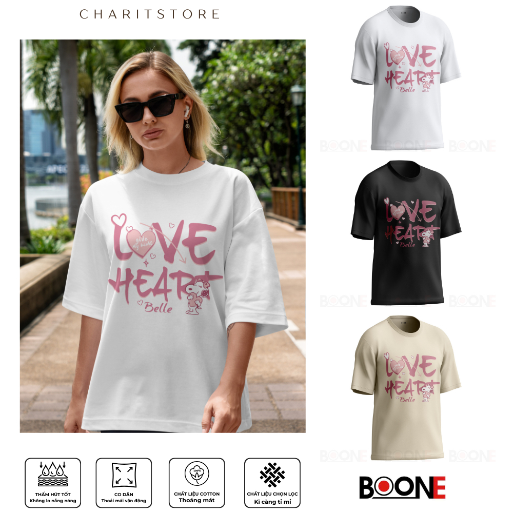 เสื้อยืด Unisex สําหรับผู้ชายและผู้หญิงพิมพ์ลาย Love heart Belle ผ้าคอตตอน 100% - BOONE - BNE00011