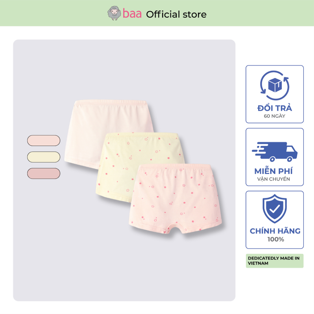 ชุดกางเกงขาสั้นเด็กผู้หญิงไม้ไผ่ 3 ชิ้นชุดชั้นในต้านเชื้อแบคทีเรียสําหรับเด็กผู้หญิงอายุ 1-10 ปี Baa