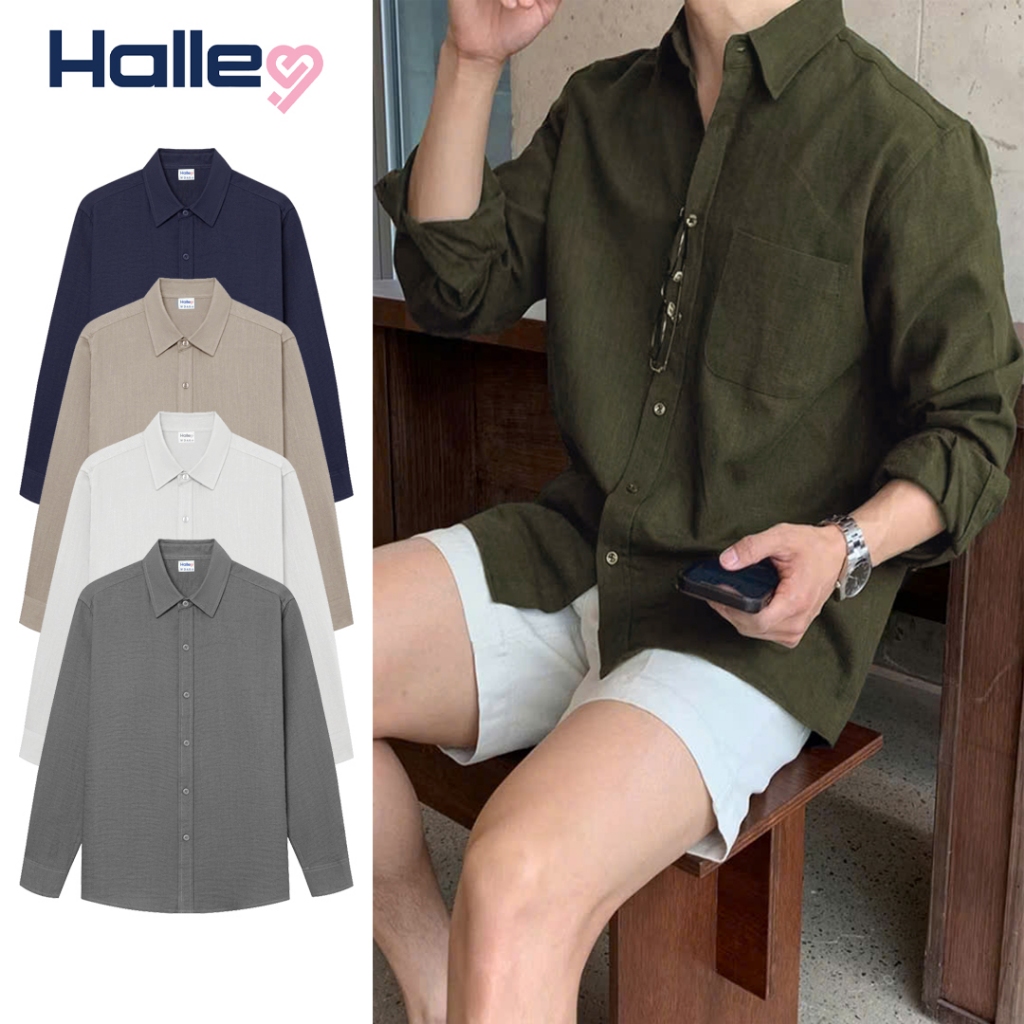 Halley A28 Mens Moss Green Linen Long-Sleeved Shirt High Quality Cool Cafe Beach Wear