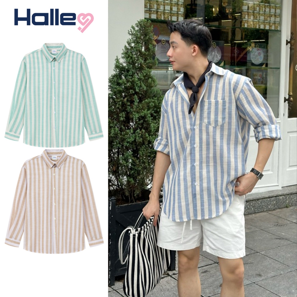 เสื้อเชิ้ตผู้ชายโอเวอร์ไซส์ ลายทาง แขนยาว ผ้าลินินพรีเมียม สไตล์เกาหลี วัยรุ่น Halley A14
