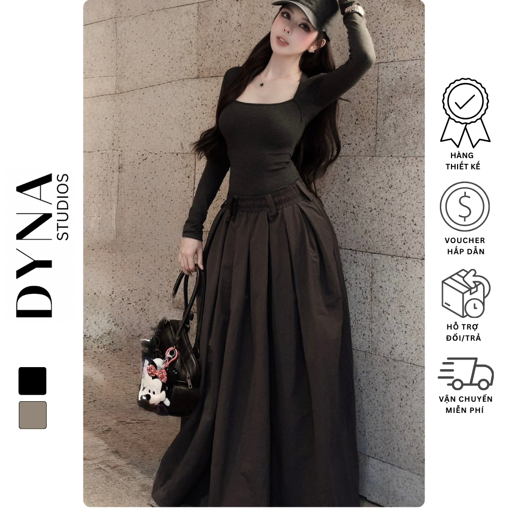 MPB ชุดเสื้อยืดคอเหลี่ยมแขนยาวพร้อมกระโปรงบานยาว