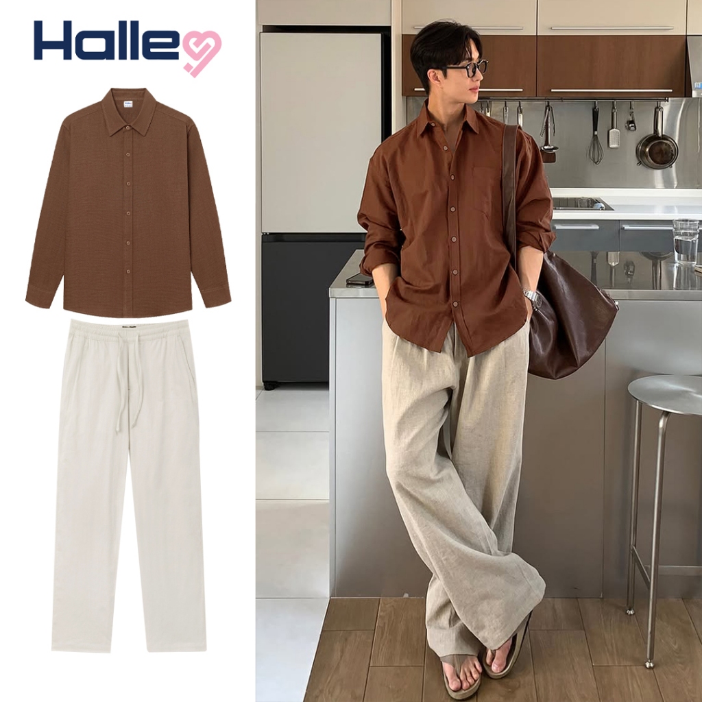 ชุดเสื้อผ้าผ้าลินินแขนยาวผู้ชายสําหรับ Cafe, Street, และ Beach รวม Ruffled Top, Halley กางเกงผ้าลินิน J48