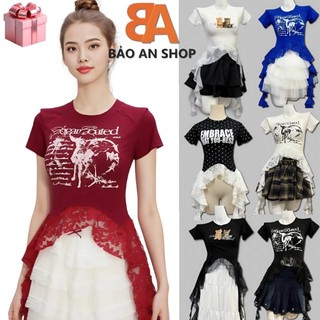 A-22. Áo thun nữ croptop xẻ tà Cổ Tròn in Hưu tay ngắn phối ren tua rua chất thun Borip Lụa mềm mịn Size S M