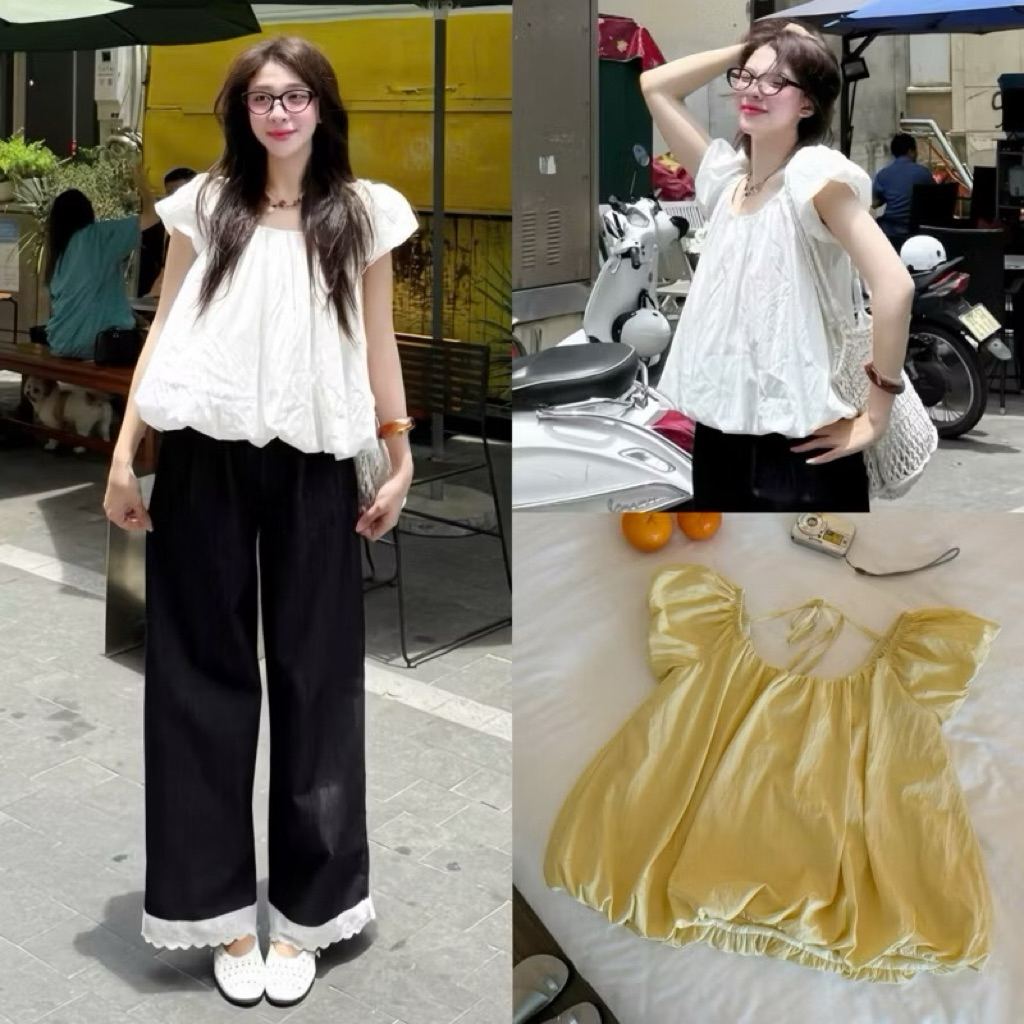 (OLDSCHOOL PHOTO) DARA TOP M3800 Shees Clothing เสื้อร่มชูชีพคอยูพองแขนสั้น