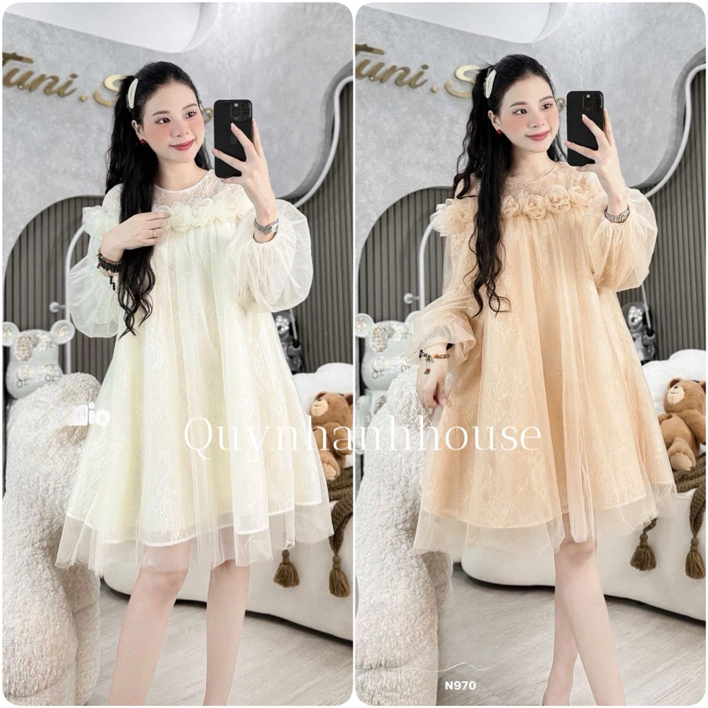 <Quynhanhhouse ชุดคลุมท้อง> ชุดเดรสทรงตรงมาตรฐาน L1 (NH CLOTHING) เดรสลูกไม้ตาข่ายอกดอกไม้ M167 sm