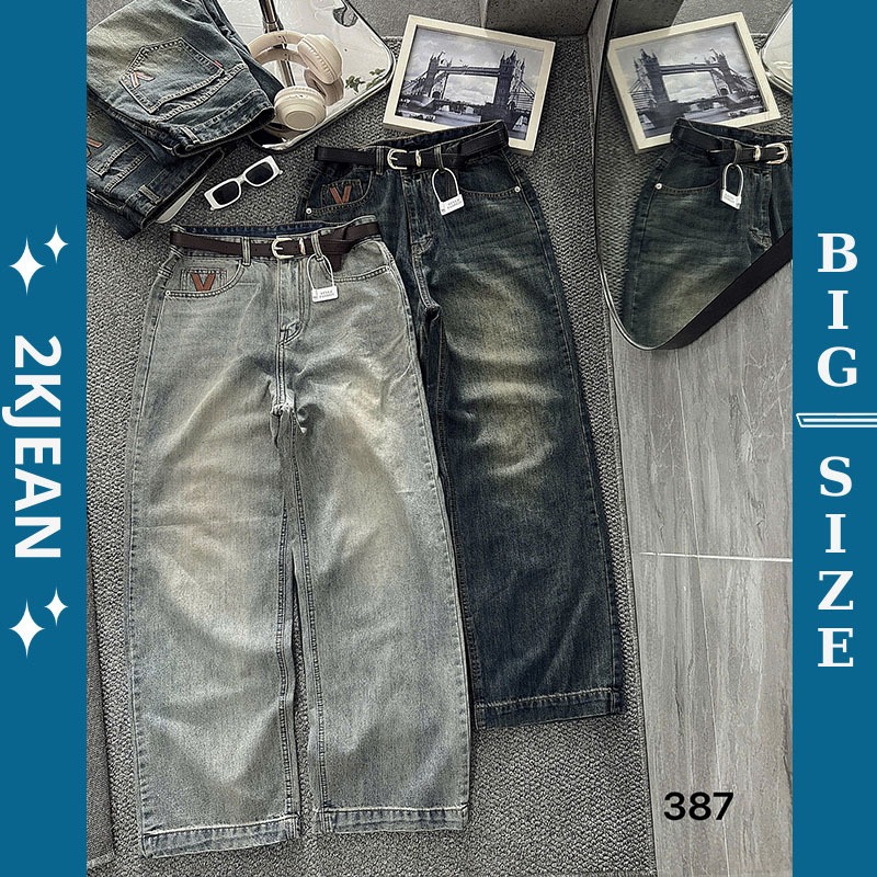 กางเกงยีนส์ขากว้างเอวสูงผู้หญิง Bigsize 55-90kg สไตล์ขากว้าง QC คุณภาพสูง 2KJeans QC387