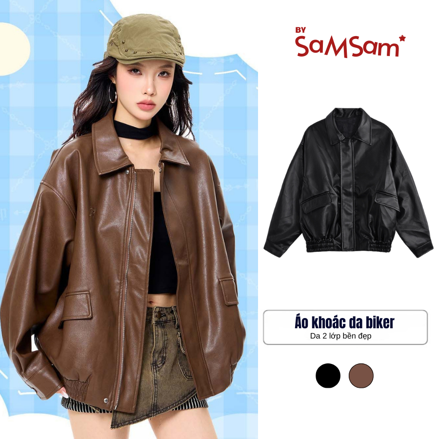 Bysamsam แจ็คเก็ตหนังผู้หญิง Unisex หลวม 2 ชั้น Biker Jacket Retro บุคลิกภาพ Chunky กล่องกระเป๋า T20