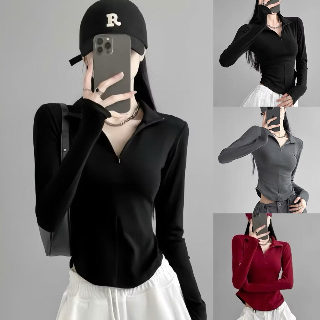 LONG-SLEEVE BODY เสื้อคอปกทรงเข้ารูปและผสมซิป CBC44