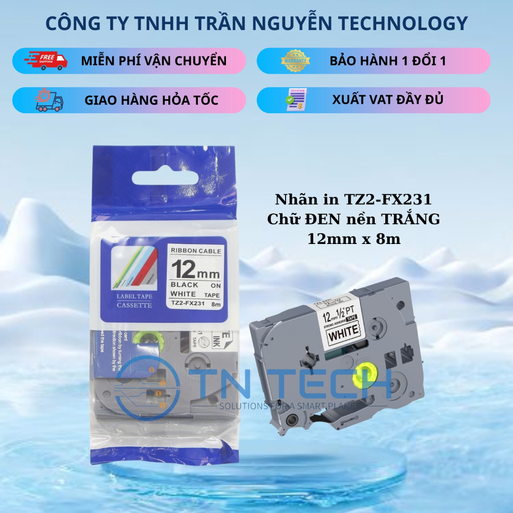 ป้ายพิมพ์ลาย TZ2-FX231 Brother - พื้นหลังขาวดํา 12mm x 8m