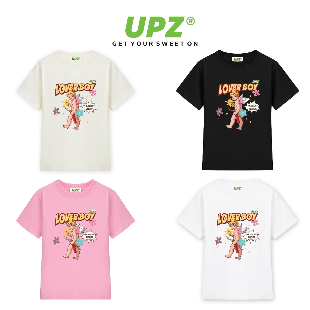 UPZ Baby Tee Cotton Round Neck Short Sleeve Local Brand LOVER BOY Pattern Print (White/ Cream/ Pink/