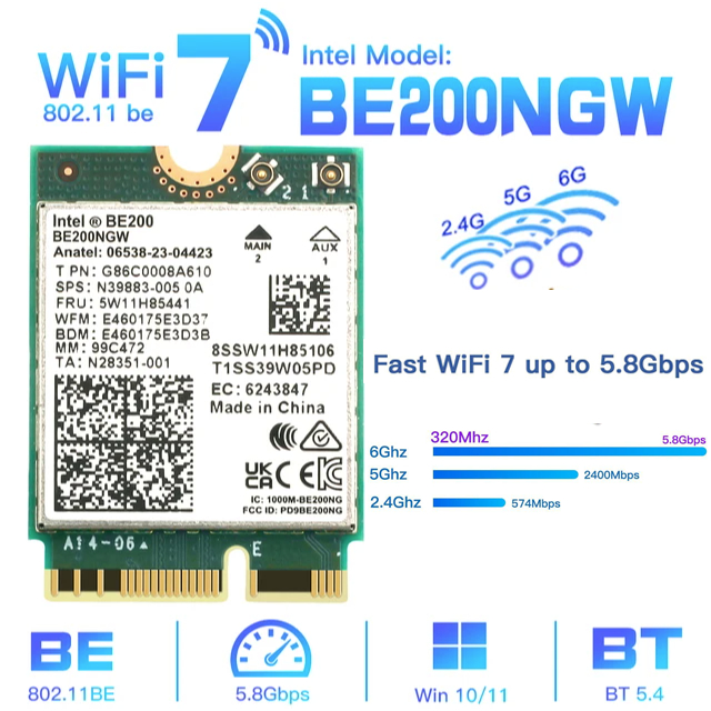 การ์ด WIFI 7 Intel BE200 ความเร็วสูง 8774 Mbps 6Ghz 5Ghz Bluetooth 5.4 เดิมที่ยังไม่ได้เปิด