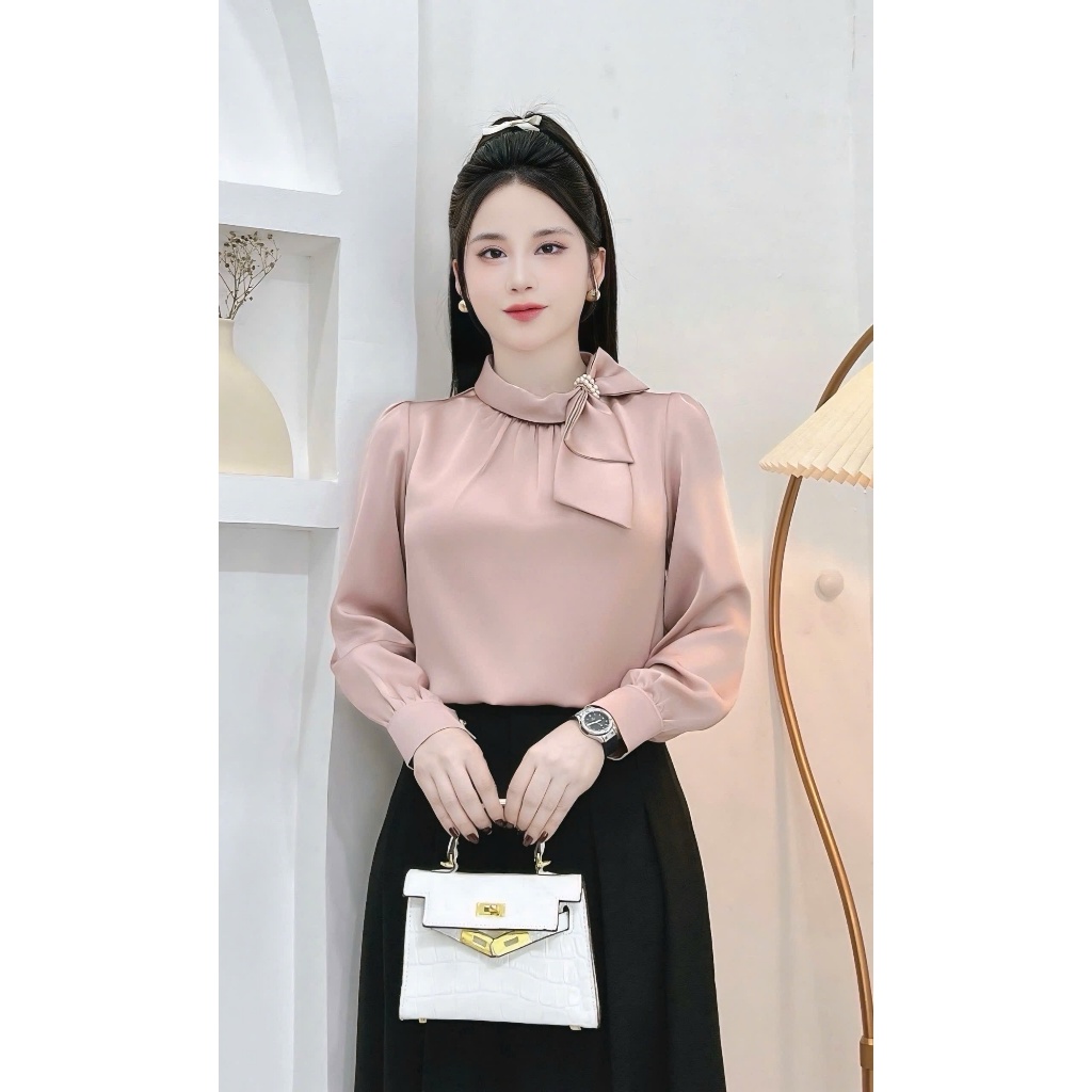 เสื้อเชิ้ตแขนยาวคอปกโบว์แฟชั่นเสื้อเชิ้ตสํานักงานวัยกลางคนทําจาก Suzhou Silk PH - SMD001