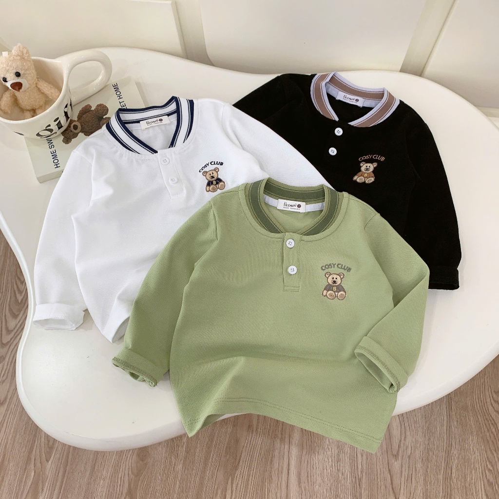 เสื้อเชิ้ตแขนยาวปักลายหมี Cozy club Beemo สําหรับเด็ก