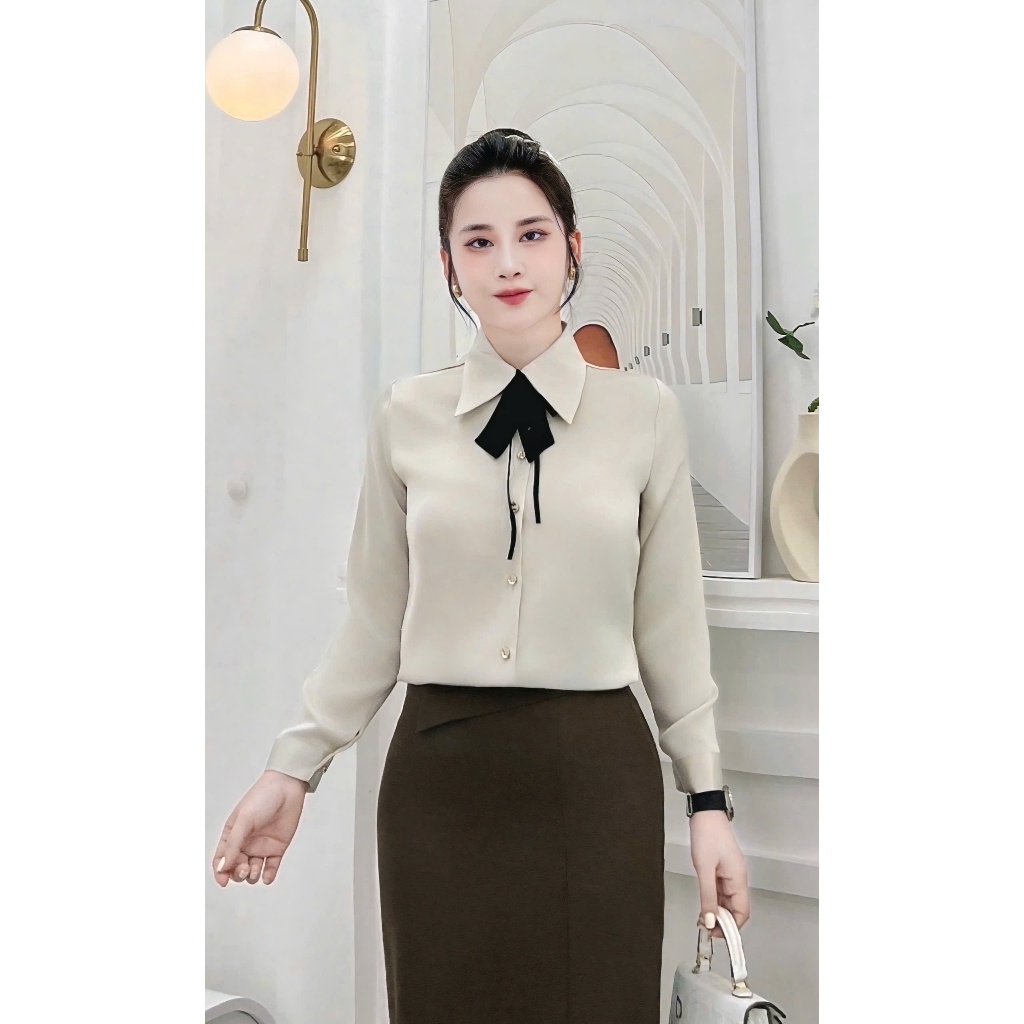 เสื้อเชิ้ตแขนยาวคอปกโบว์หลวมบุคลิกภาพแฟชั่นเสื้อเชิ้ตสํานักงานวัยกลางคนทําจากผ้าไหมซูโจว ปริญญาเอก -