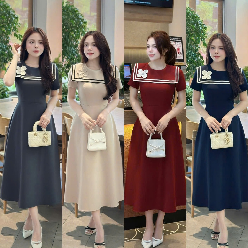 ชุดเดรสเฮราสวยๆเนื้อหิมะและฝน4ฤดูกาลชุดเดรสสํานักงานปกกะลาสีเอวบานเหมาะใส่ทํางานหรือออกงาน