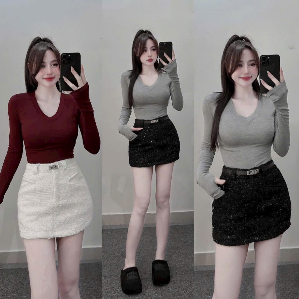 เสื้อยืดซิปผู้หญิงแขนยาว V คอหัวใจ Basic สีทึบ Flip-Flop แขนรูปร่างน่ารัก ADT054