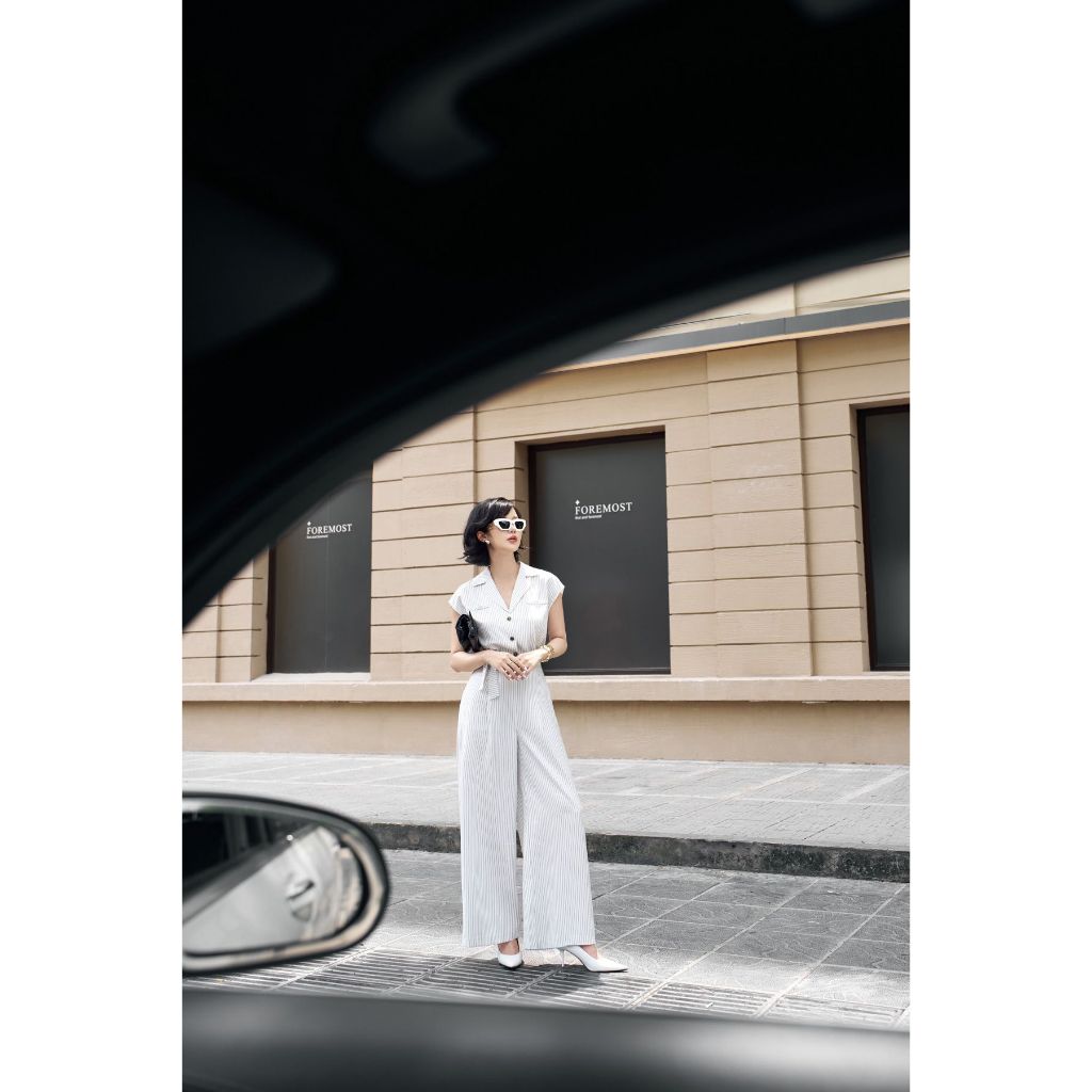 FJS1185 - สํานักงาน ชุดจั๊มสูท ผ้าลายสก็อตหยาบ คอบาง ปกไหล่สองข้าง ขอบเอวยางยืดพร้อมเข็มขัดคาดเอว - 